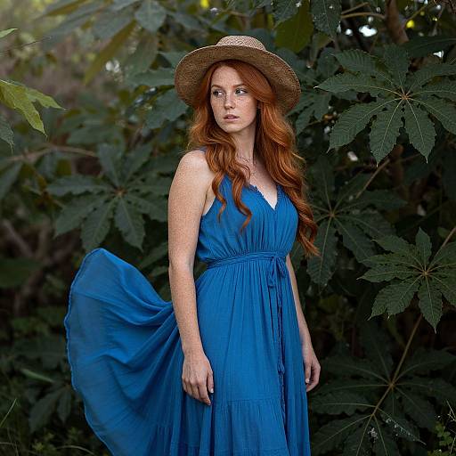 Photograph of a red-haired woman in a flowing blue dress and straw hat, standing amidst lush green foliage, with her dress gently billowing.