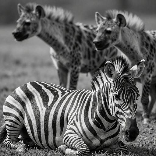 Black-and-White Zebra Lying, Blurred Hyenas