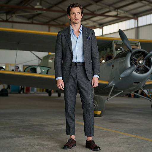 Photograph of a handsome man in a dark plaid suit, light blue shirt, and brown loafers standing in an aircraft hangar with a vintage