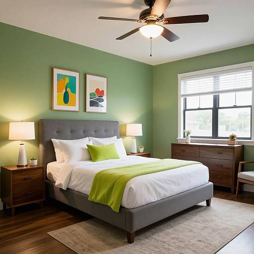 Cozy Gray Bedroom with Green Accents