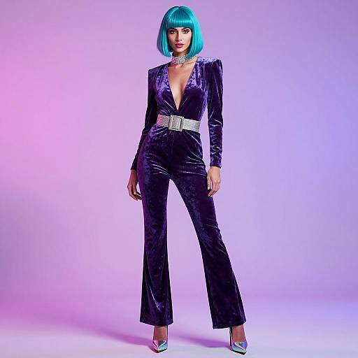 Woman in Iridescent Velvet Jumpsuit with Turquoise Bob
