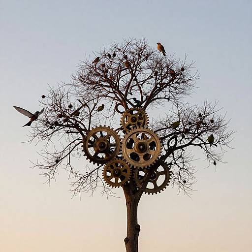 Photograph of a bare tree with large metal gears integrated into its branches, silhouetted against a clear, blue sky. Birds perch on the
