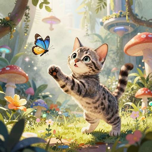 Playful Bengal Kitten in Futuristic Garden