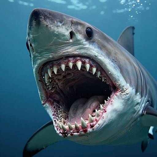 Photograph of a menacing great white shark with open mouth, sharp teeth, and glowing eyes, swimming in a deep blue ocean.