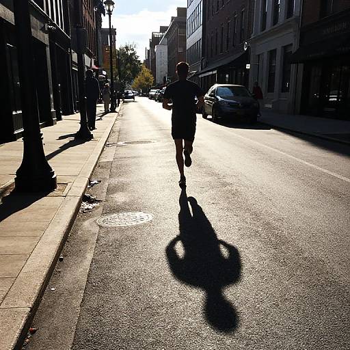 Photograph of a sunlit urban street with a person's shadow cast on the pavement, walking away from the camera, flanked by buildings.
