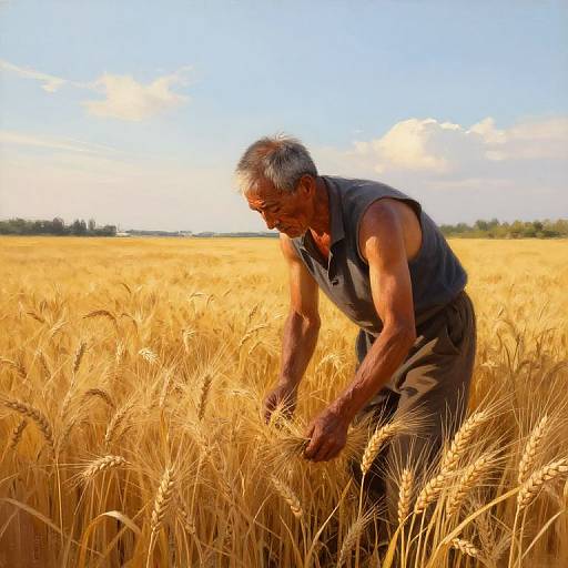 Photograph of an elderly man with gray hair, wearing a blue sleeveless shirt, bending in a golden wheat field under a bright blue sky with scattered