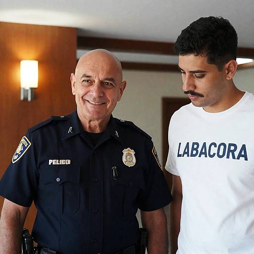 Smiling Police Officer and Friend Indoors