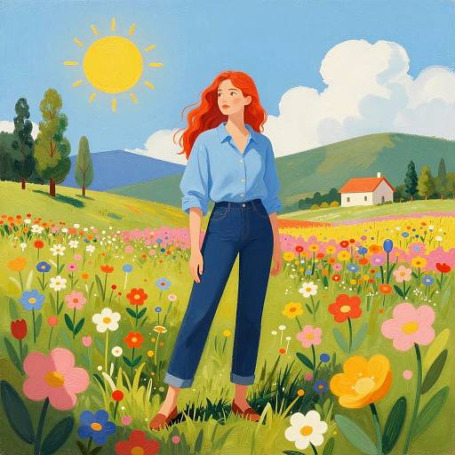Woman in Flower Field on Sunny Day
