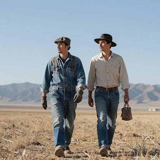 Men Walking in Grassy Field Landscape