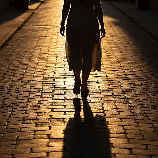 Silhouetted figure walking on golden-lit, cobblestone street, casting elongated shadow; photograph captures dramatic contrast between dark figure and bright