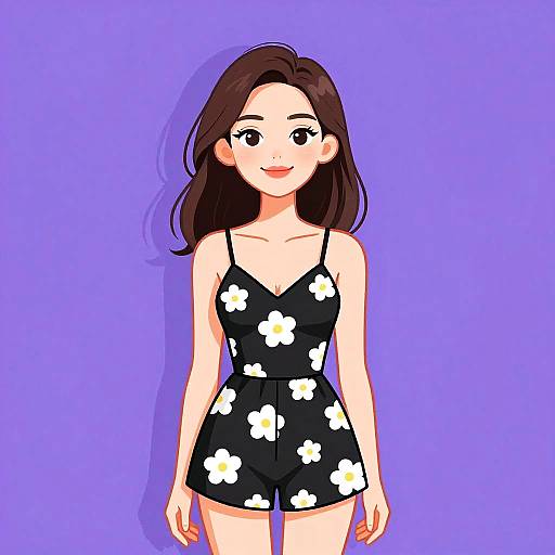 Digital anime-style drawing of a smiling woman with long brown hair, wearing a black floral romper, against a solid purple background.