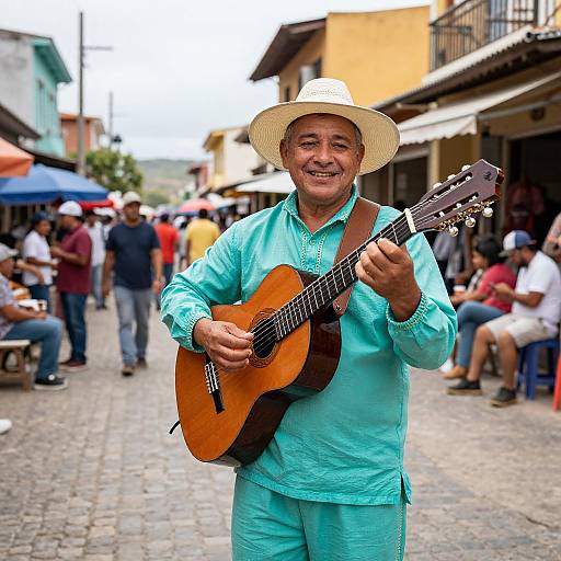 Cheerful Musician in Vibrant Market