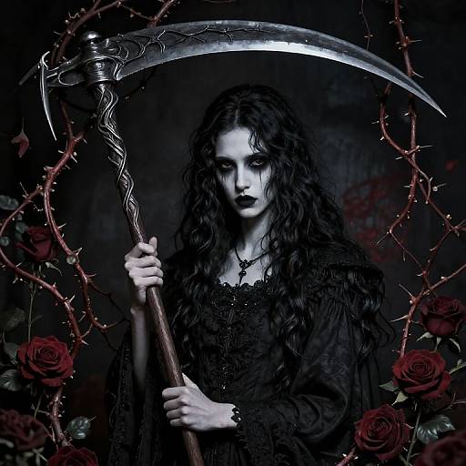 Dark gothic photograph of pale woman with long black hair, wearing black lace dress, holding a scythe surrounded by red roses and thorns. M