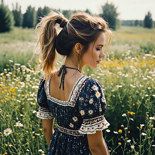 Woman with Messy Ponytail in Bohemian Dress