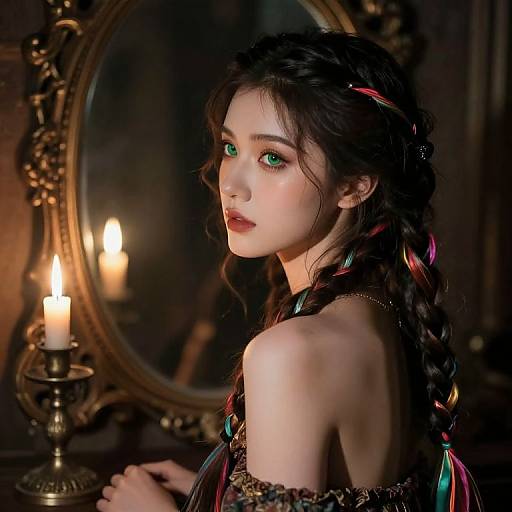 Photorealistic digital painting of a fair-skinned, green-eyed young woman with dark braided hair, wearing a colorful, off-shoulder dress