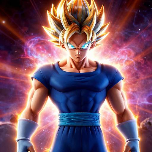 Digital art of muscular, spiky-haired Super Saiyan with glowing blue eyes, wearing a blue shirt and wristbands, against a vibrant, cosmic background