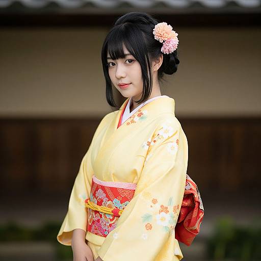 Photograph of an Asian woman in a yellow kimono with floral patterns, a red obi, and a pink hairpin, standing outside a traditional