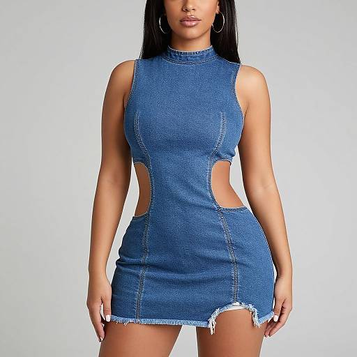 Photograph of a woman with long black hair wearing a sleeveless, blue denim mini dress with cutout sides and frayed hem. She stands against