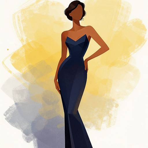 Digital artwork of a slender, dark-skinned woman in a strapless, form-fitting blue evening gown, silhouetted against a warm yellow