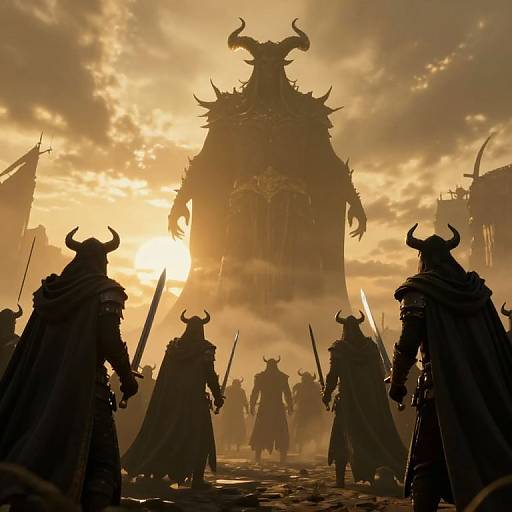 Digital artwork of silhouetted horned warriors with swords facing a towering, horned demon against a golden, cloudy sunset sky.