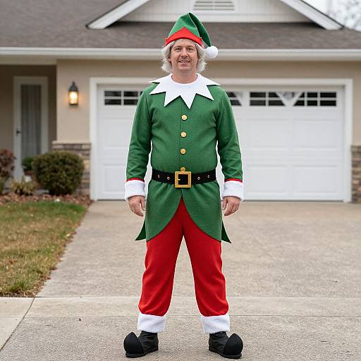 Photograph of a smiling middle-aged man in a green elf costume with red pants, white collar, black belt, and Christmas hat, standing on a
