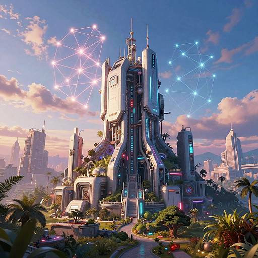 Digital art of a futuristic cityscape featuring a towering, neon-lit, sci-fi skyscraper with glowing star-like lights in the sky. Lush