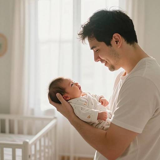 Photograph of a smiling East Asian man with short black hair, wearing a white t-shirt, cradling a newborn baby in a white outfit,