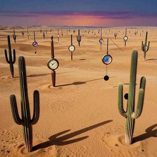 Photograph of a desert landscape with numerous tall cacti, each topped with a clock, under a vibrant sunset sky. Clocks show various times