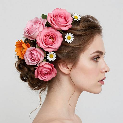 Photograph of a fair-skinned woman in profile, wearing a floral crown with pink roses, white daisies, and orange flowers, against a