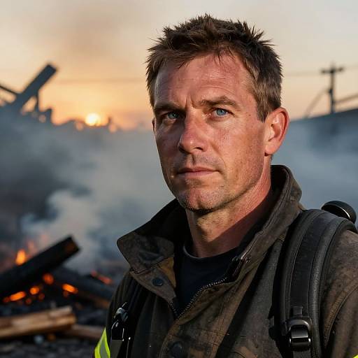 Photograph of a rugged, blue-eyed, middle-aged man with spiky brown hair, wearing a dark jacket and backpack, standing amid smoky ruins