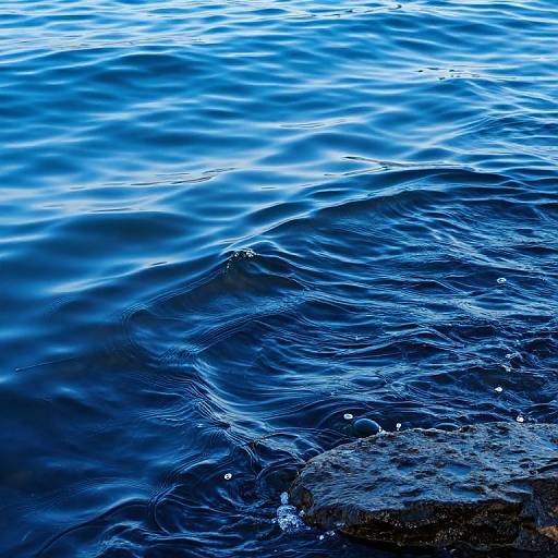 Photograph of vibrant blue, rippling water with gentle waves, a small rock partially submerged in the lower right corner.