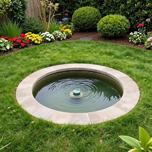 Photograph of a circular stone-bordered pond with a green floating ornament, surrounded by vibrant flower beds and lush green grass.