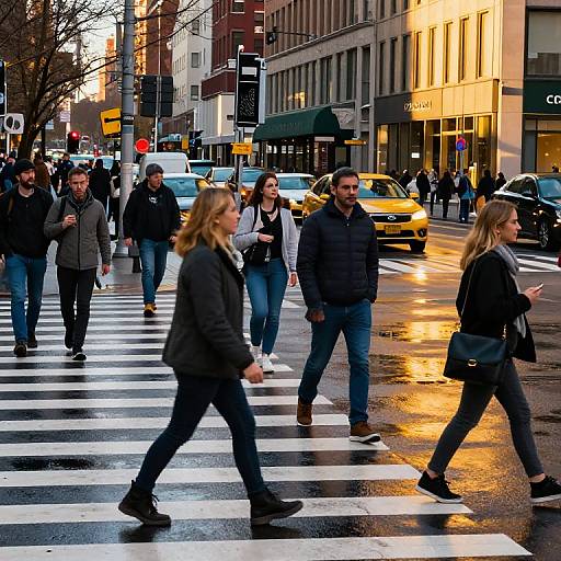 Photograph of urban crosswalk at dusk, wet pavement reflecting lights, diverse pedestrians in winter clothing, yellow taxi, storefronts in background.