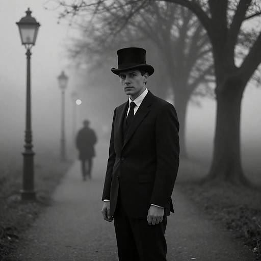 Mysterious Man in Misty Lamppost Scene