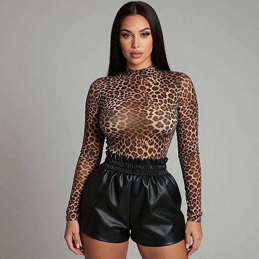 Photograph of a woman with long black hair, wearing a sheer leopard print long-sleeve top and black leather shorts, against a plain gray background