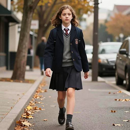 Autumn Walk of Schoolgirl in City