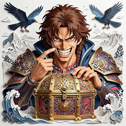 Digital anime-style drawing: Brown-haired man with braided side hair, grinning maniacally, points at ornate golden chest, wearing elaborate armor