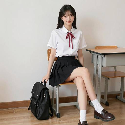 Asian Student Sitting at Desk in School Uniform
