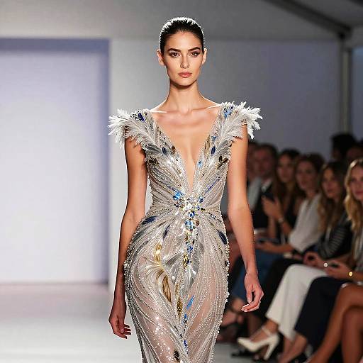 Photograph of a slender, dark-haired female model in a shimmering, deep V-neck, silver dress with blue and gold accents, walking a runway