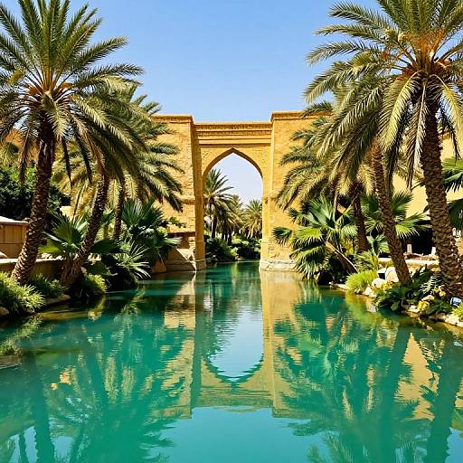 Photograph of a serene, turquoise pool reflecting palm trees and a sandy-colored, arch-shaped building under a clear blue sky.
