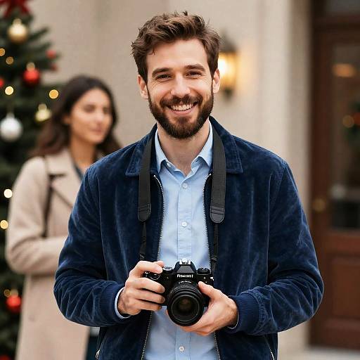 Smiling Man with Camera in Festive Setting