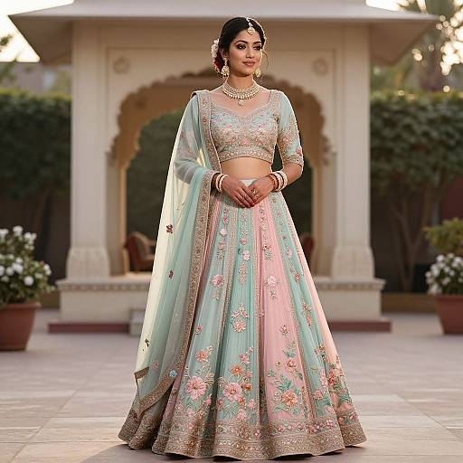 Photograph of a South Asian woman in an elegant turquoise and pink traditional lehenga with floral embroidery, standing outdoors in front of a white arched pav