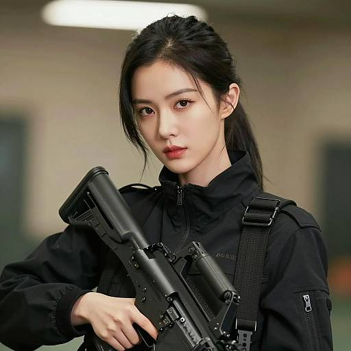 Intense Asian Woman with Assault Rifle