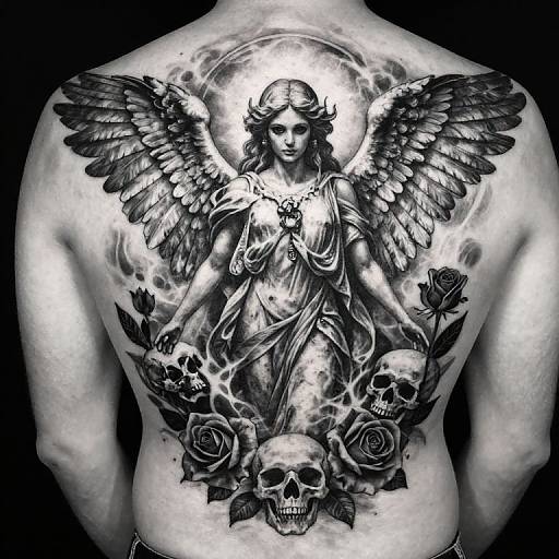 Black-and-white tattoo of angel with wings, holding roses and skulls, on a muscular back. Detailed, grayscale, realistic style.