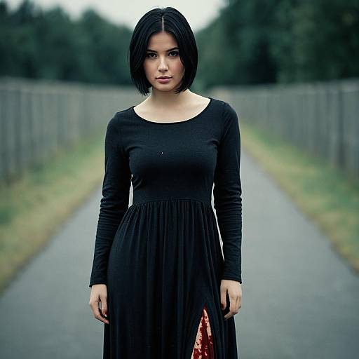 Woman Wearing Black Maxi Dress with Blood Stain