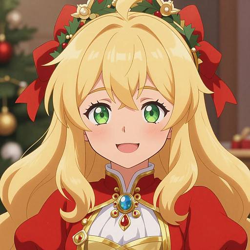 Anime-style digital illustration of a blonde girl with green eyes, wearing a red and gold Christmas outfit, adorned with a wreath and red ribbons,