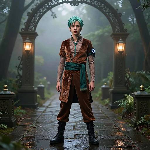 Photorealistic digital artwork of a young man with green spiky hair, wearing a brown, patterned tunic, teal sash, and black