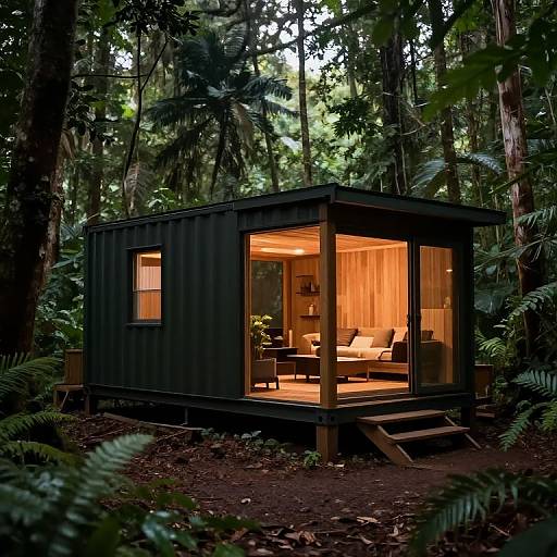 Photograph of a modern, dark wooden tiny cabin nestled in a dense forest, with warm indoor lighting and visible cozy furniture.