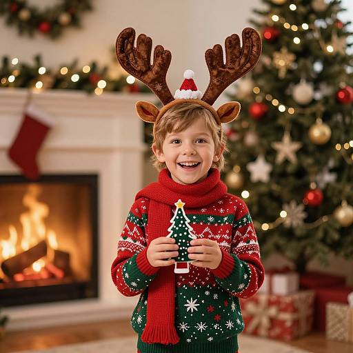 Photograph of a smiling young boy with reindeer antlers and red scarf, holding a small Christmas tree, in front of a lit fireplace and decorated