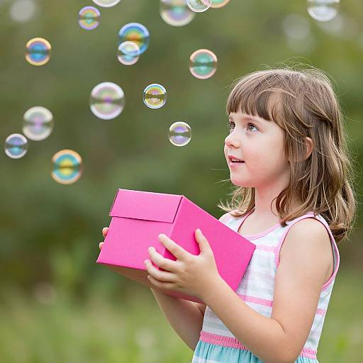 Young girl with brown hair, white sleeveless dress, holding pink box, surrounded by colorful bubble, outdoors, green blurred background.
